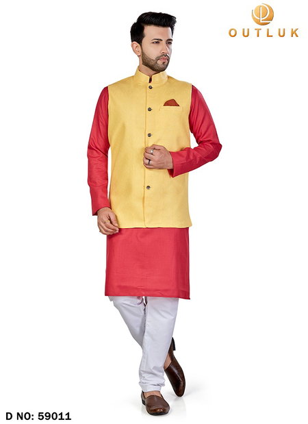 Yellow Outluk 59 Wedding Wear Kurta Pajama With Jacket Mens Collection 59011